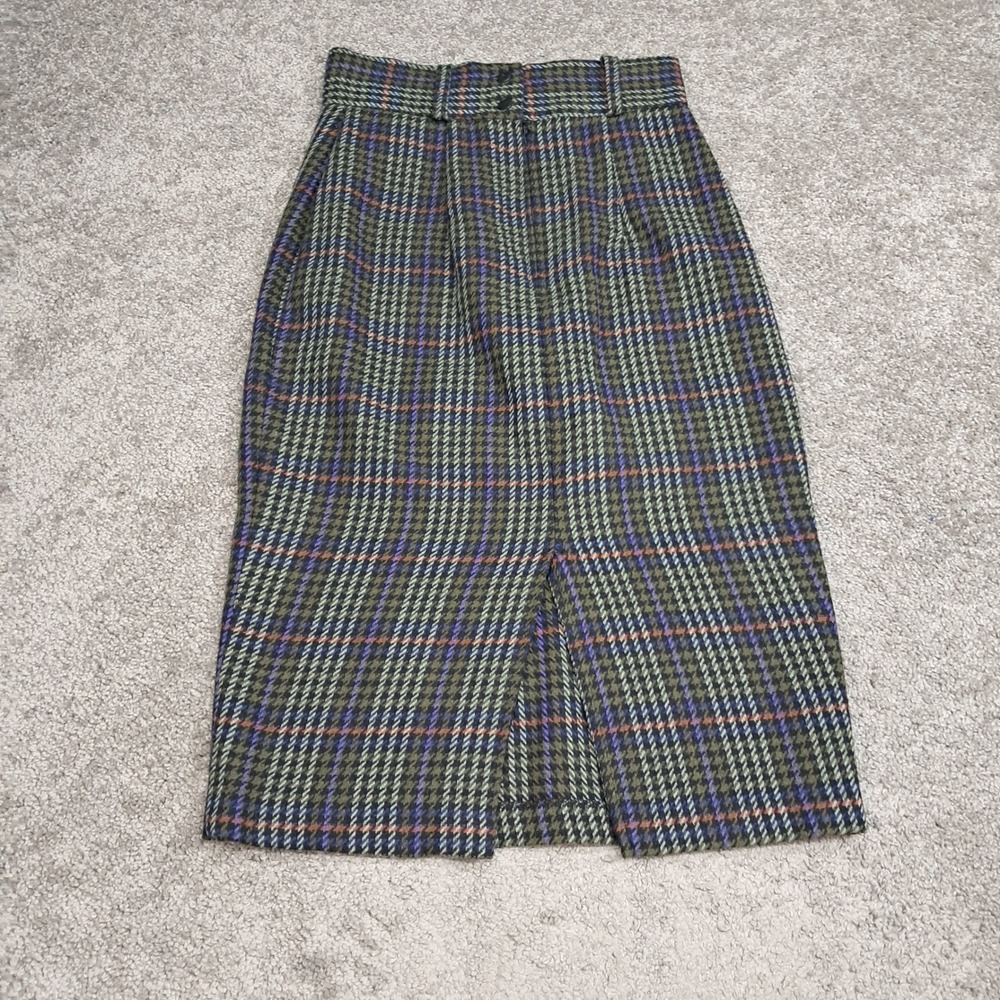 Cristina Vintage Plaid Wool Blend Pencil Skirt Olive Purple Orange Size 9 7860